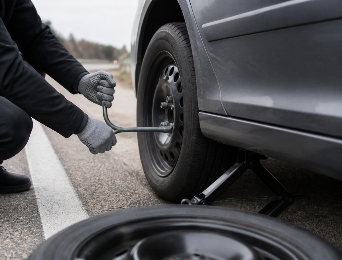 Roadside tire change on a highway shoulder with the spare and jack in place