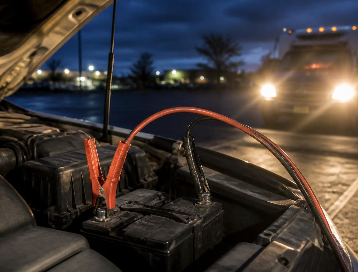 Jumper cables connected to a car battery at dusk with a service vehicle behind